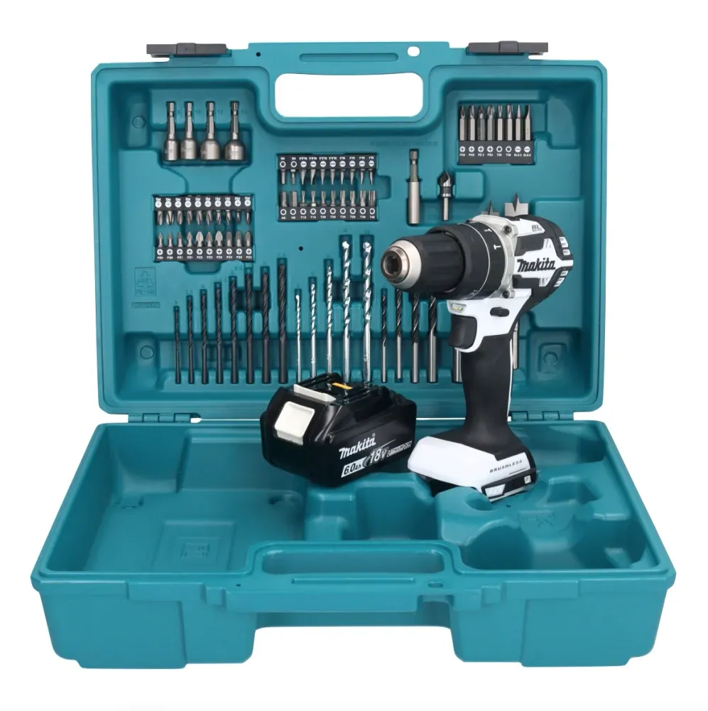 Makita DHP 484 G1X1W taladro percutor inalámbrico 18 V 54 Nm sin escobillas blanco + 1x baterí 6,0 Ah + set de accesorios...