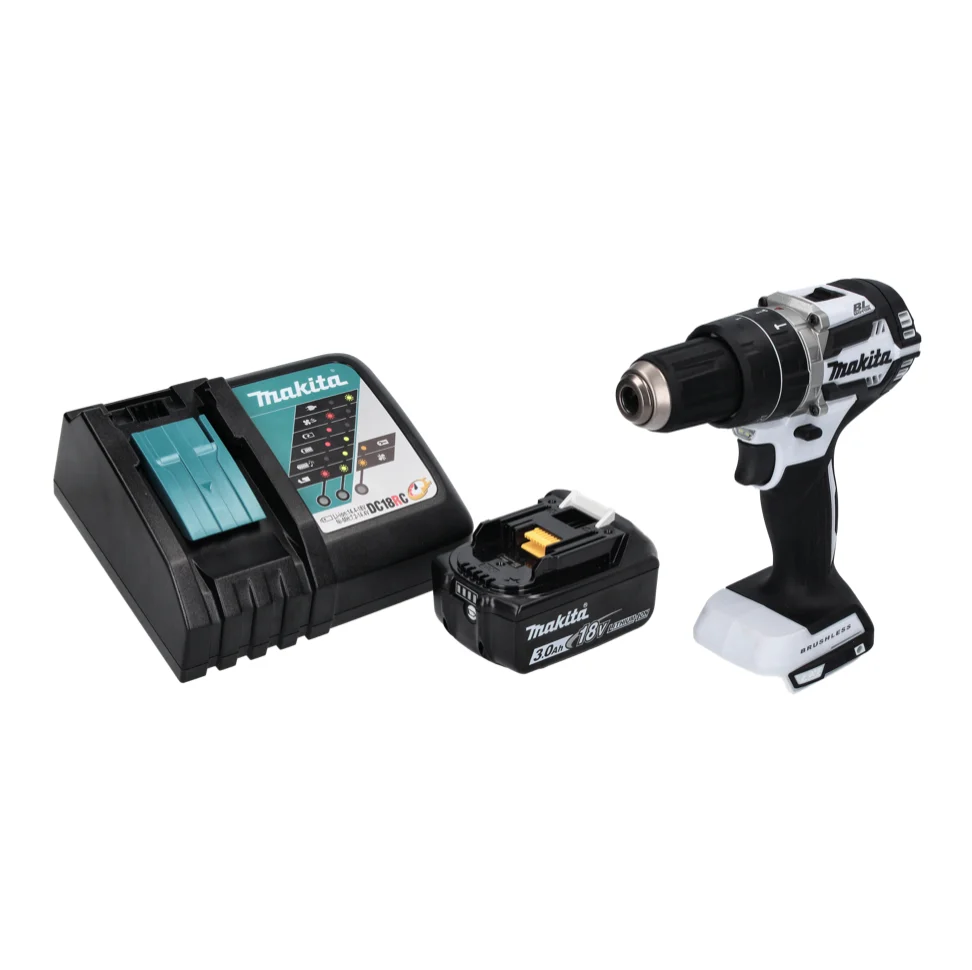Makita DHP 484 RF1 W Taladro percutor inalámbrico 18 V 54 Nm sin escobillas blanco + 1x baterí 3,0 Ah + cargador