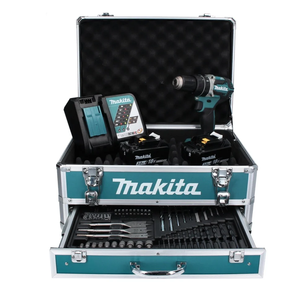 Makita DHP 484 RF2X4 atornillador de impacto baterí 18 V 54 Nm sin escobillas + 2x baterías 3,0 Ah + cargador + juego de b...