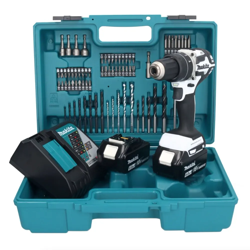 Makita DHP 484 RGX1W Taladro percutor inalámbrico 18 V 54 Nm sin escobillas blanco + 2x baterías 6,0 Ah + cargador + set d...
