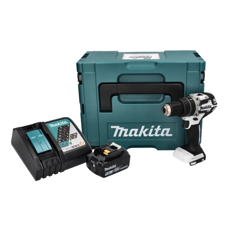 Makita DHP 484 RT1J W Taladro percutor inalámbrico 18 V 54 Nm sin escobillas blanco + 1x baterí 5,0 Ah + cargador + Makpac