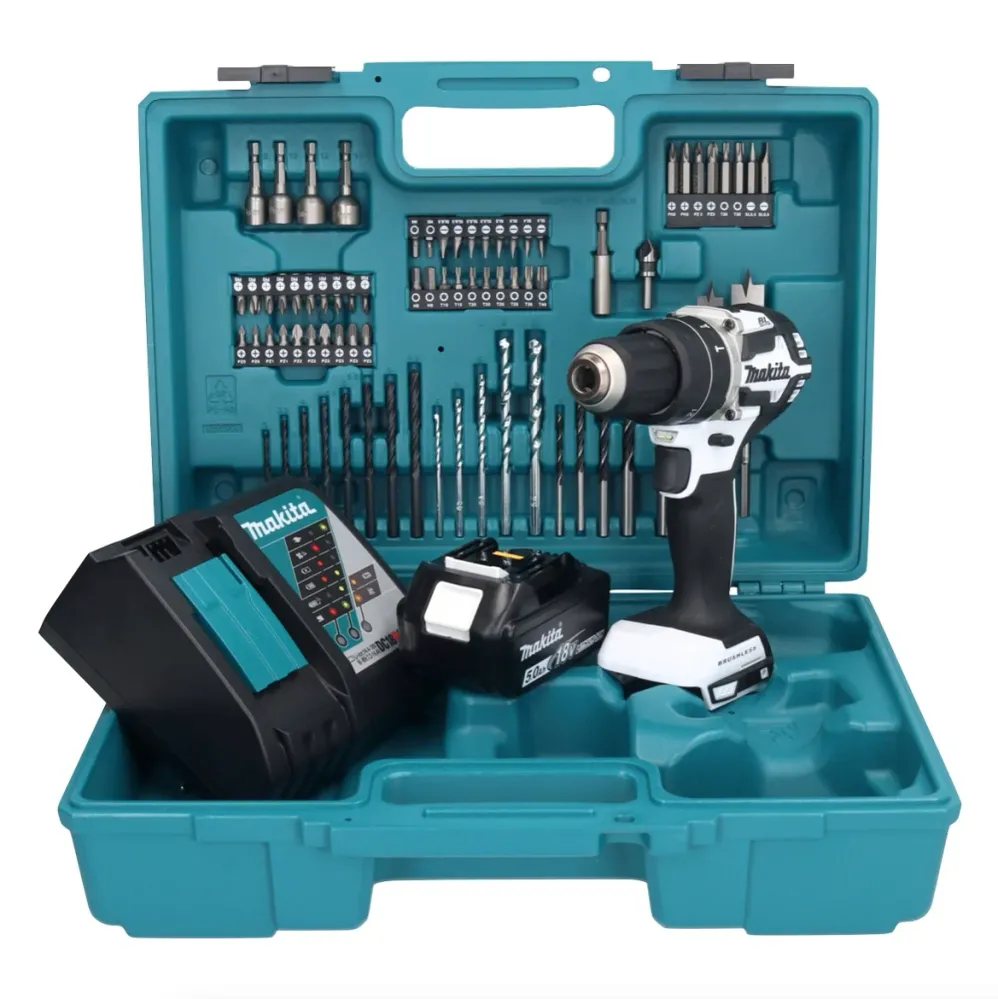 Makita DHP 484 RT1X1W taladro percutor inalámbrico 18 V 54 Nm sin escobillas blanco + 1x baterí 5,0 Ah + cargador + set de...