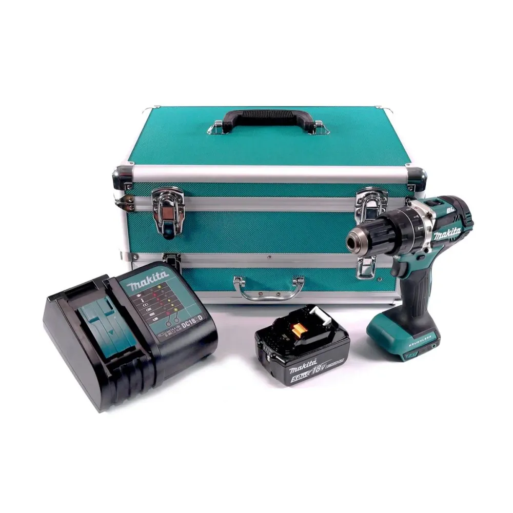 Makita DHP 484 ST1TX taladro percutor inalámbrico 18 V 54 Nm sin escobillas + 1x baterí 5,0 Ah + cargador + juego de broca...