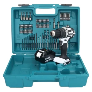Makita DHP 484 T1X1W taladro percutor inalámbrico 18 V 54 Nm sin escobillas blanco + 1x baterí 5,0 Ah + set de accesorios...