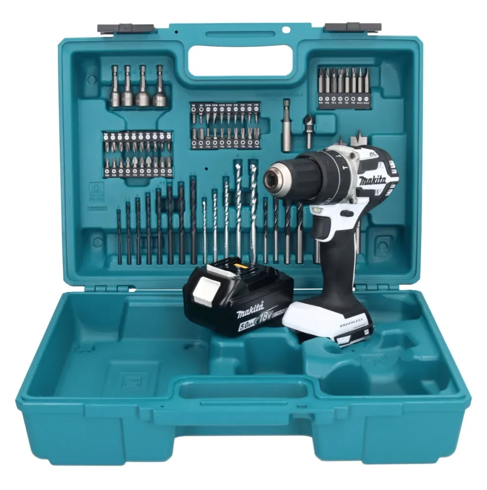 Makita DHP 484 T1X1W taladro percutor inalámbrico 18 V 54 Nm sin escobillas blanco + 1x baterí 5,0 Ah + set de accesorios...