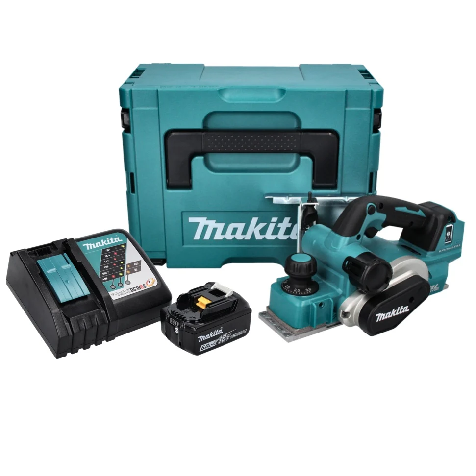Makita DKP 181 RG1J Cepillo sin cable 82 mm 18 V sin escobillas + 1x baterí recargable 6,0 Ah + cargador + Makpac