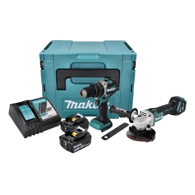 Makita DLX 2272 TJ kit combo sin cable amoladora angular sin cable DGA 513 + taladro de impacto sin cable DHP 484 + 2x bat...