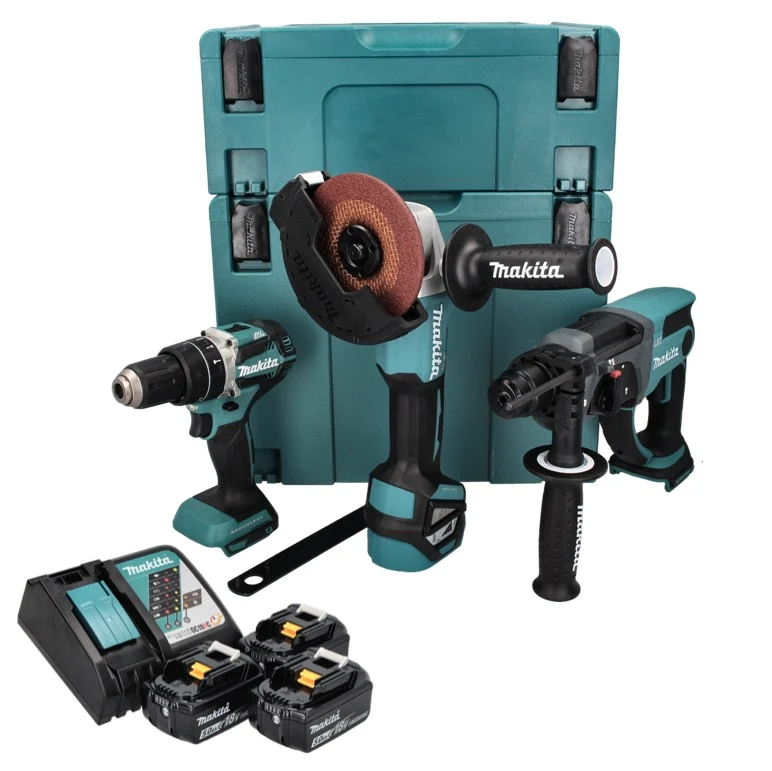 Makita DLX 3093 TJ Baterí Set Especial 18 V con DHP 484 54 Nm + DHR 202 2.0 J + DGA 513 125 mm + 3x baterí 5.0 Ah + cargad...