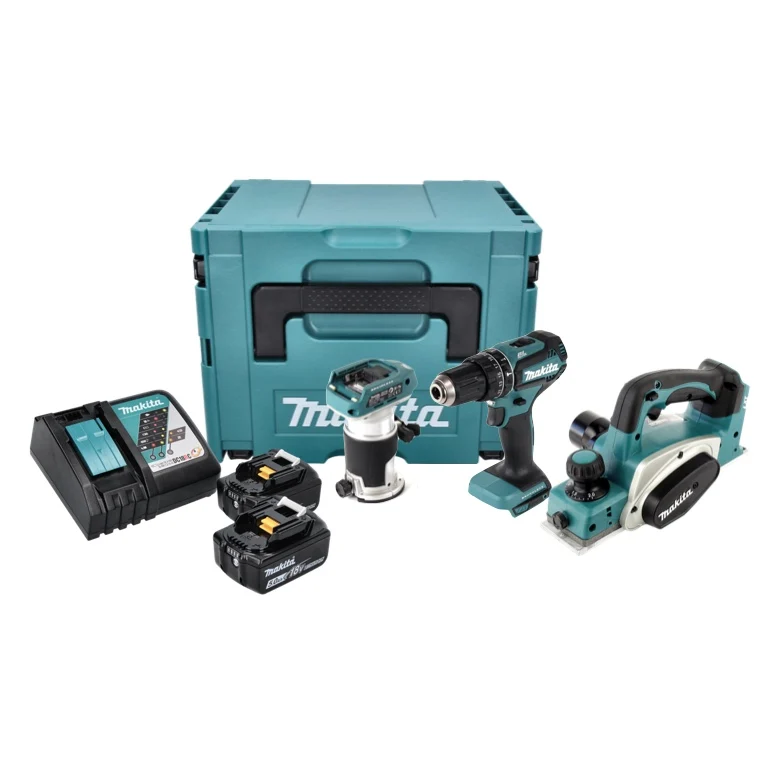 Makita DLX 3116 TJ kit combo sin cable DHP 485 taladro de impacto sin cable + DKP 180 cepillo sin cable + DRT 50 router mu...