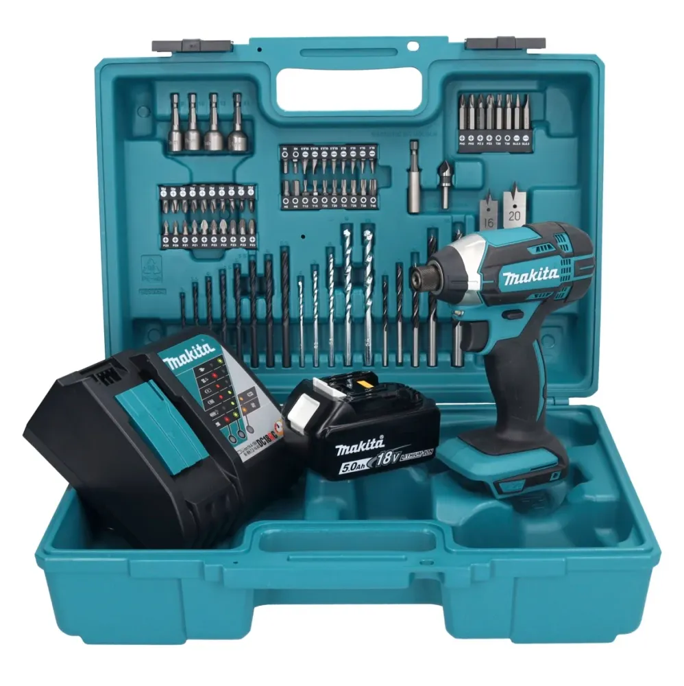 Makita DTD 152 RT1X1 llave de impacto baterí 18 V 165 Nm 1/4" + 1x baterí 5,0 Ah + cargador + set de accesorios 74 piezas...