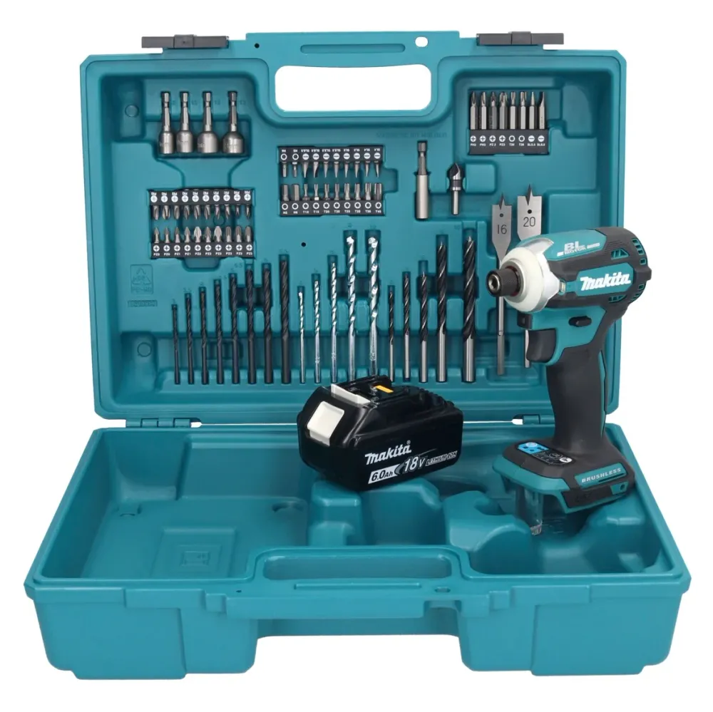 Makita DTD 171 G1X1 llave de impacto baterí 18 V 180 Nm 1/4" sin escobillas + 1x baterí 6,0 Ah + set de accesorios 74 piez...