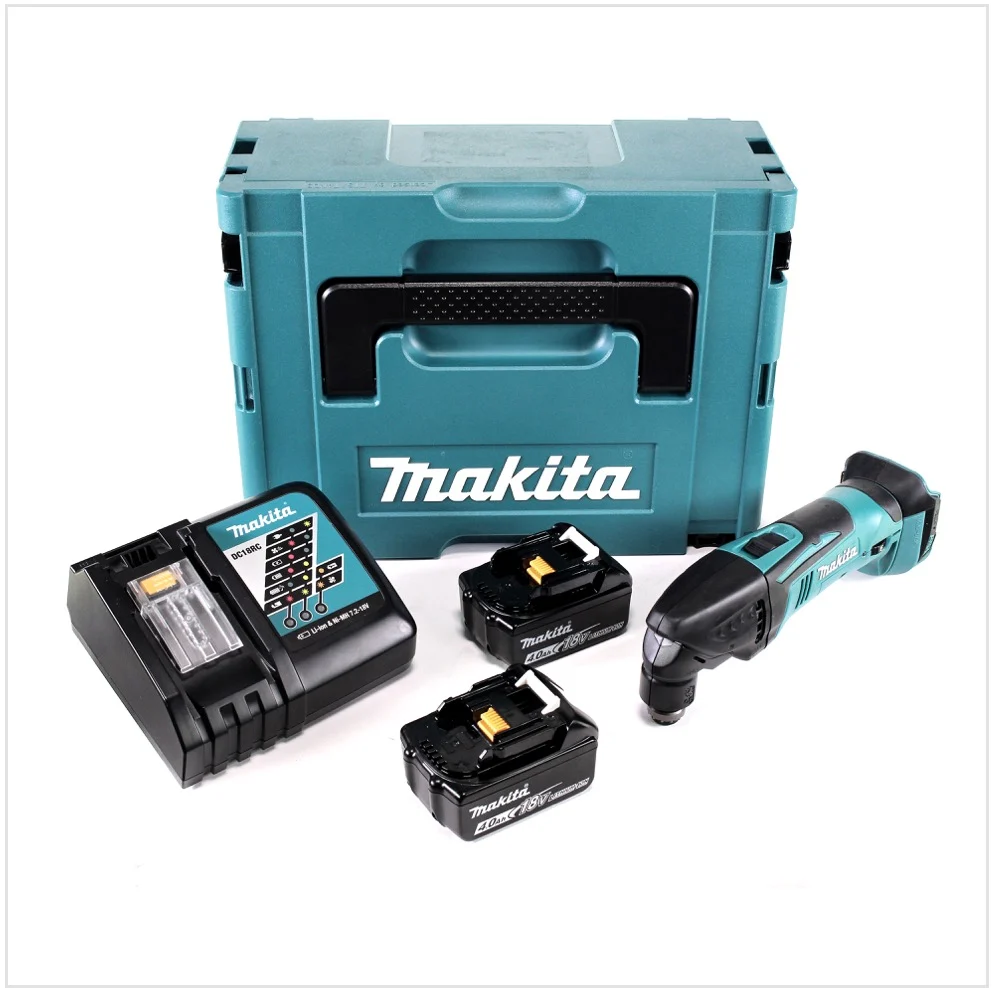 Makita DTM 50 RMJ 18V Li-Ion baterí herramienta multifuncional en Makpac con 2x 4.0 Ah baterí y 1x cargador