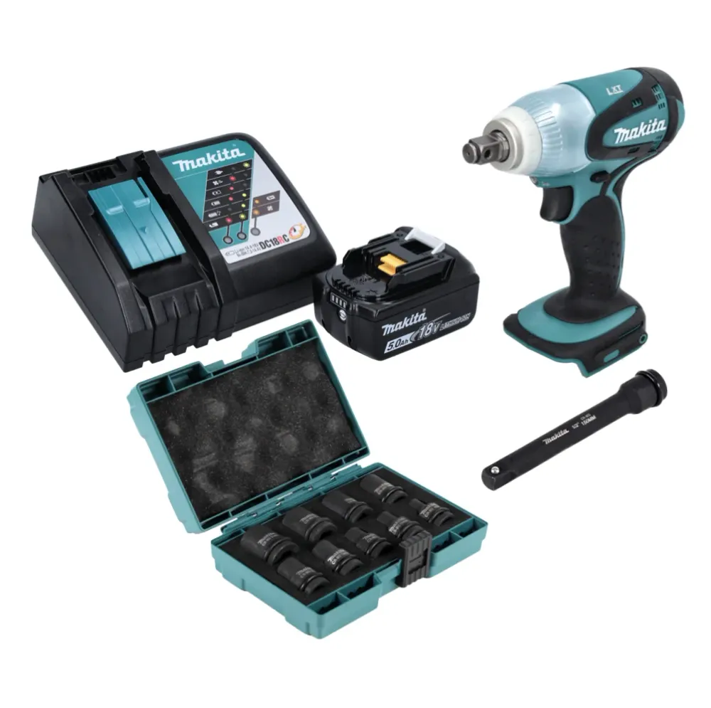 Makita DTW 251 RT1 Llave de impacto baterí 18 V 230 Nm 1/2" + 1x baterí 5,0 Ah + cargador + juego de vasos de 9 piezas + a...