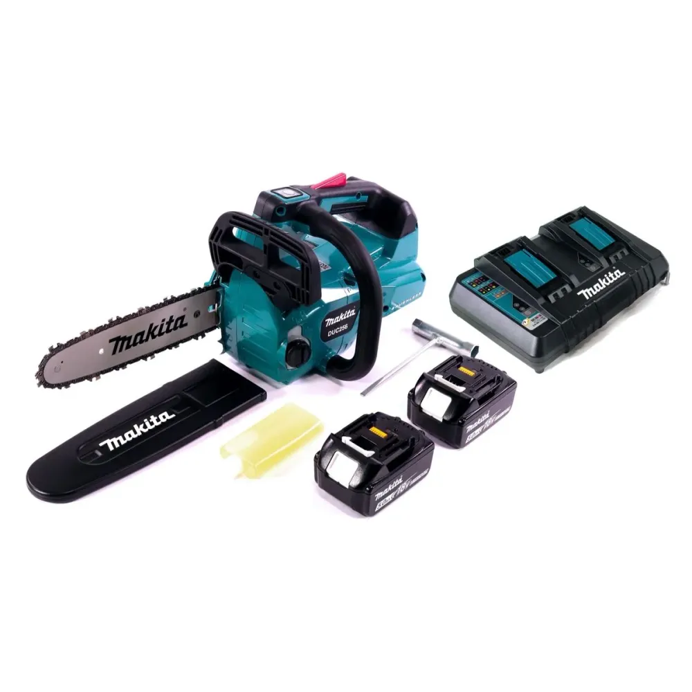 Makita DUC 256 PT Motosierra sin cable 36 V ( 2x 18 V ) Brushless 25 cm + 2x baterí 5.0 Ah + cargador doble