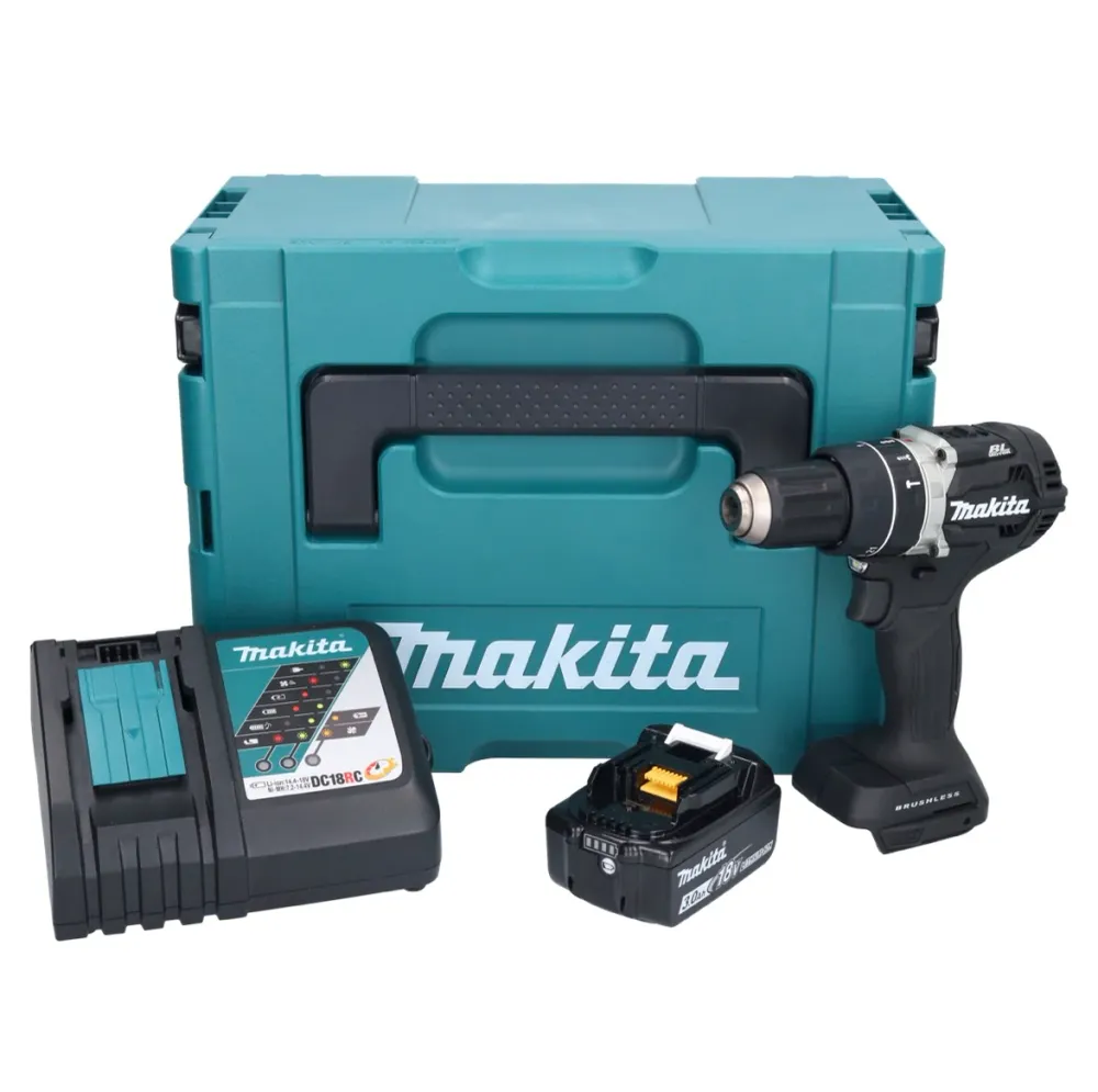 Martillo perforador sin cable Makita DHP 484 RF1JB 18 V 54 Nm Negro sin escobillas + 1x baterí 3.0 Ah + cargador + Makpac