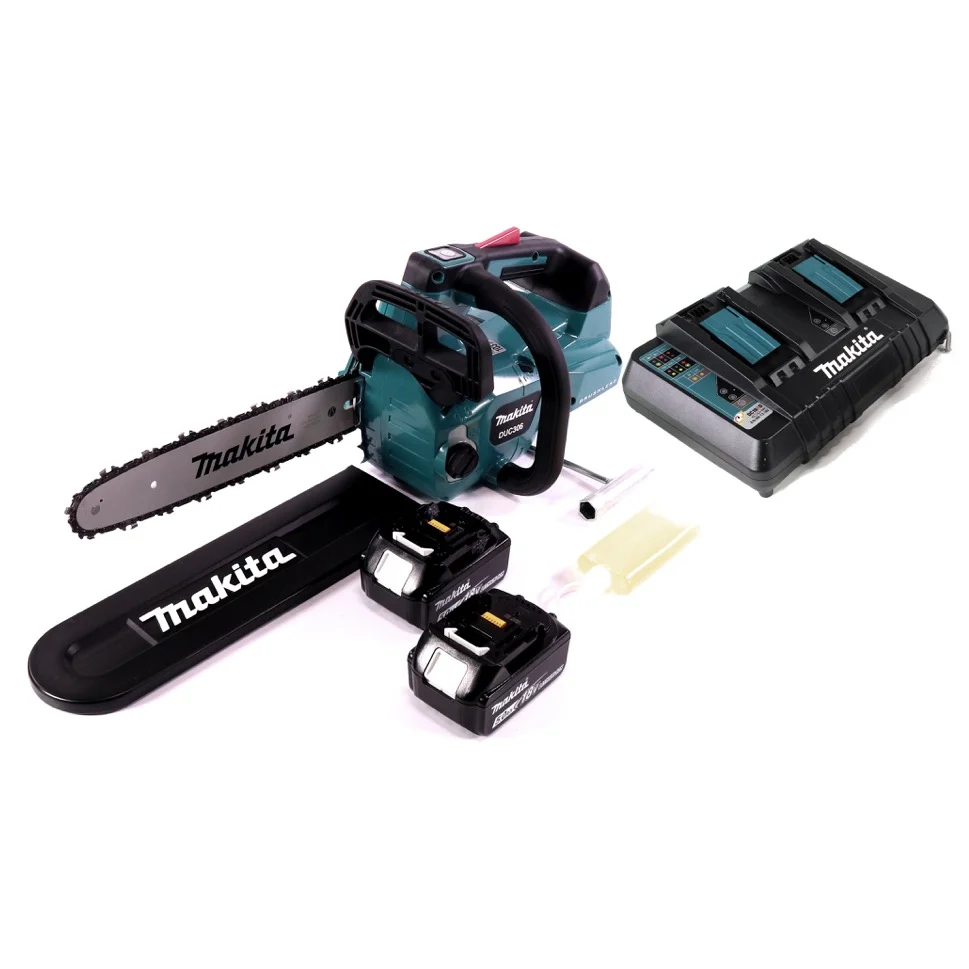 Motosierra baterí Makita DUC 306 PT 36 V (2x 18 V) sin escobillas 30 cm + 2x baterías 5,0 Ah + cargador doble