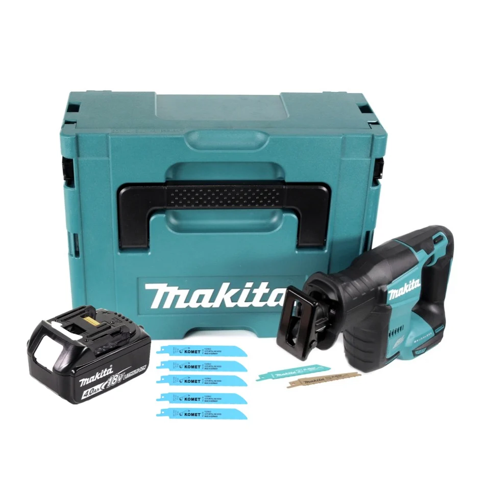 Sierra de sable baterí Makita DJR 188 M1J 18 V sin escobillas + 1x baterí 4.0 Ah + 5x hoja de sierra Metal Madera + Makpac...