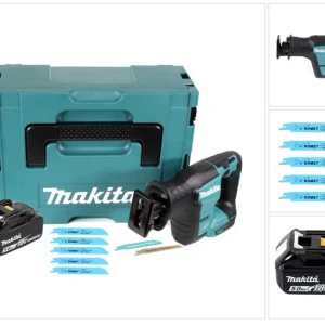 Sierra de sable baterí Makita DJR 188 T1J 18 V sin escobillas + 1x baterí 5.0 Ah + 5x hoja de sierra Metal Madera + Makpac...