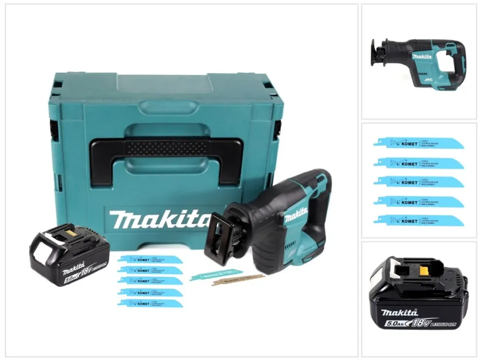 Sierra de sable baterí Makita DJR 188 T1J 18 V sin escobillas + 1x baterí 5.0 Ah + 5x hoja de sierra Metal Madera + Makpac...