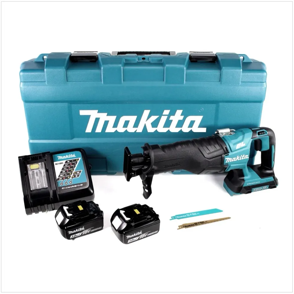 Sierra de sable baterí Makita DJR 360 RFK 36V (2x18V) sin escobillas en estuche + 2x baterí 3.0 Ah + cargador
