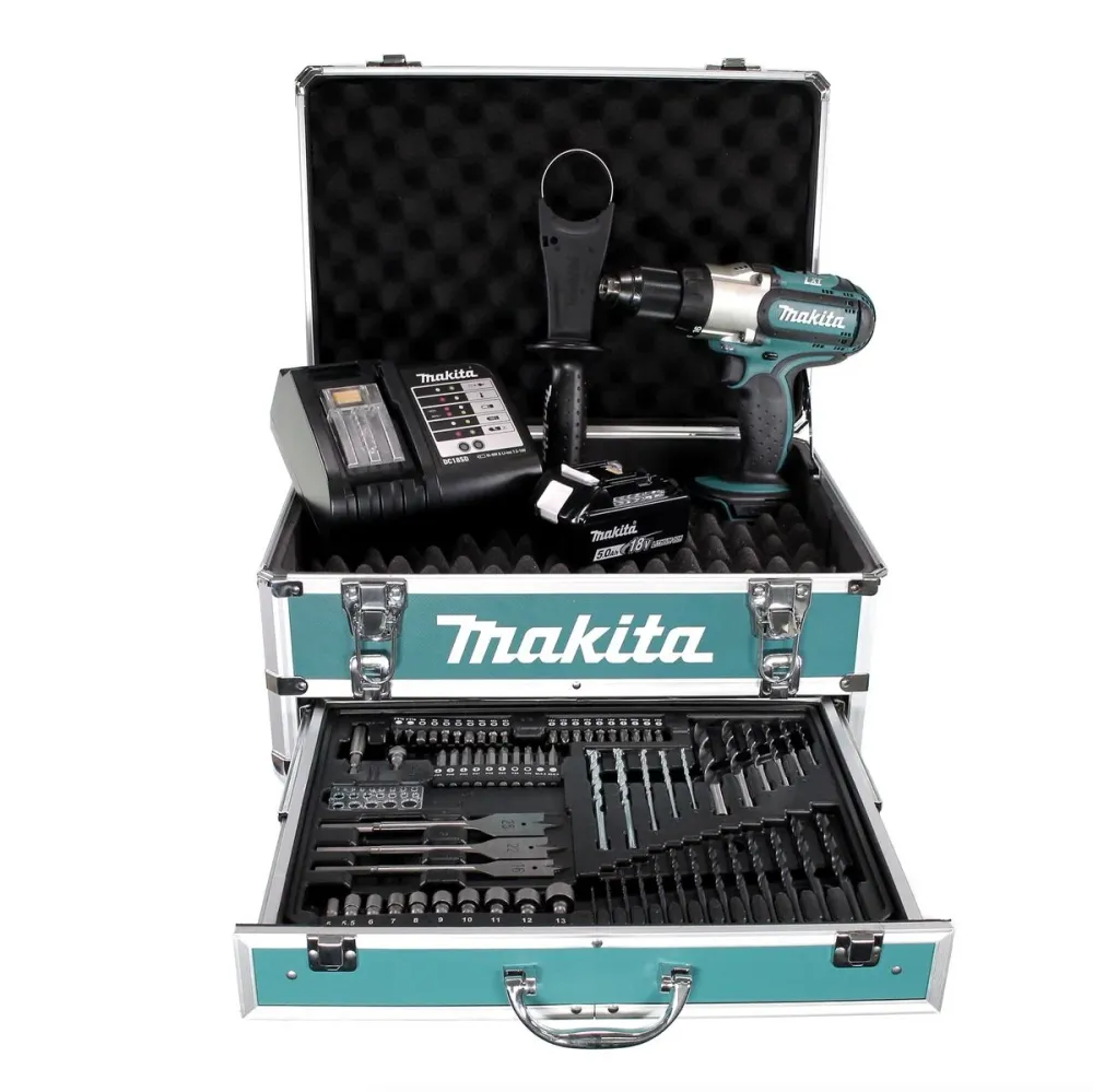 Taladro atornillador inalámbrico Makita DDF 451 STX4 18 V 80 Nm + 1x baterí 5,0 Ah + cargador + 70 piezas. Juego de brocas...