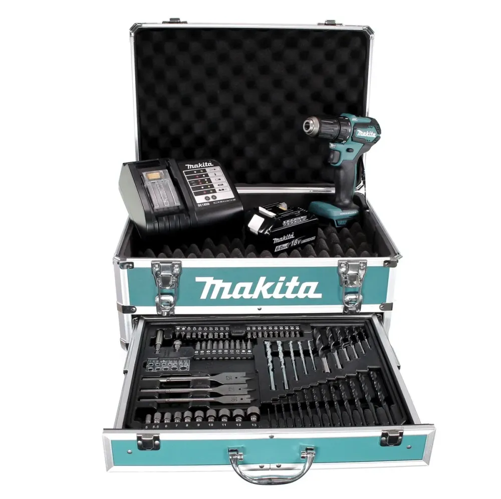 Taladro atornillador inalámbrico Makita DDF 483 SGX4 18 V 40 Nm sin escobillas + 1x baterí 6,0 Ah + cargador + 70 piezas....