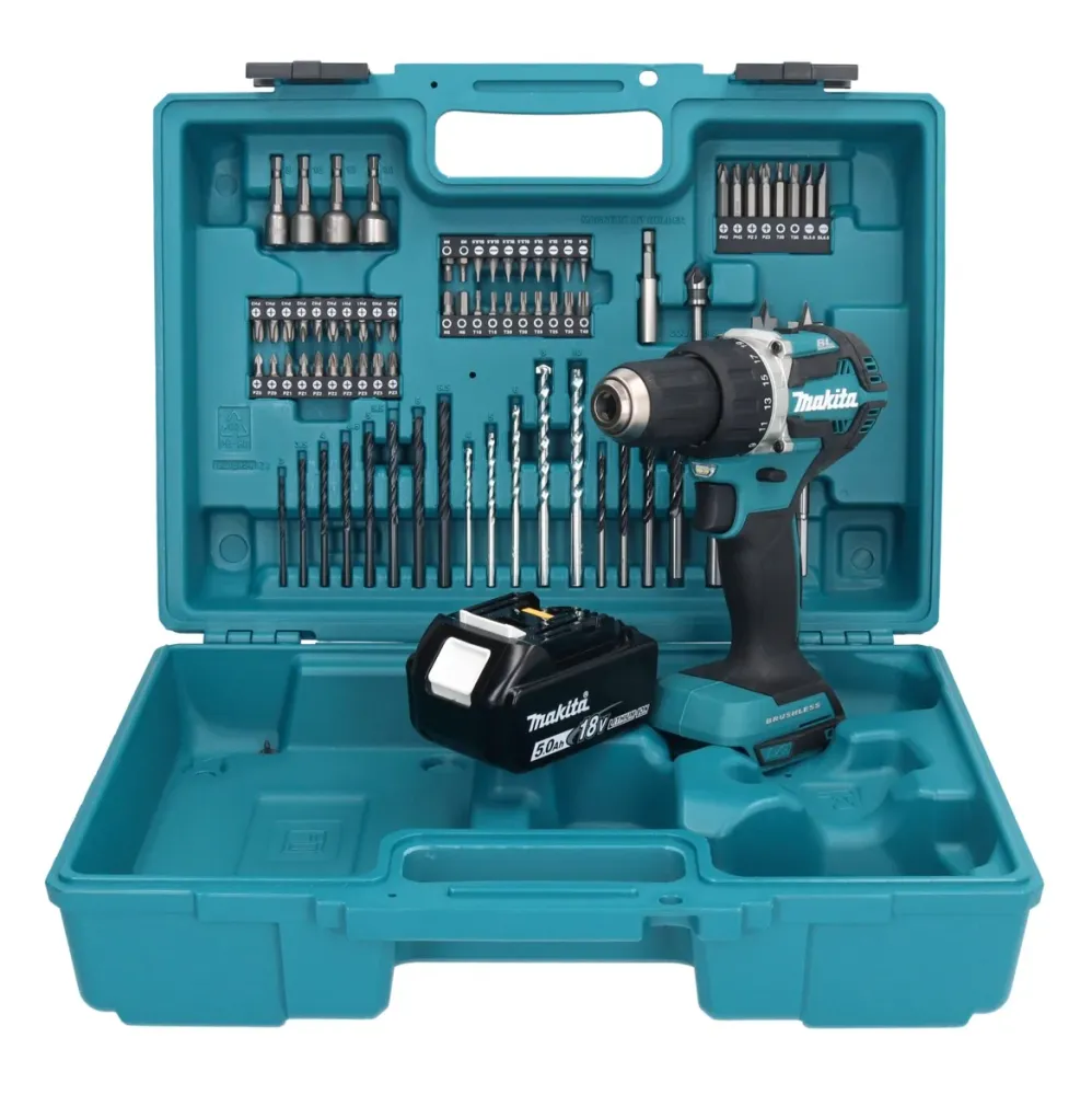 Taladro atornillador inalámbrico Makita DDF 484 T1X1 18 V 54 Nm + 1x baterí 5,0 Ah + set de accesorios 74 piezas + maletín...