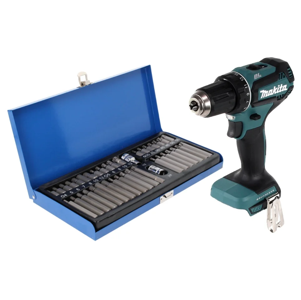Taladro atornillador inalámbrico Makita DDF 485 Z 18 V 50 Nm sin escobillas + juego de puntas de 40 piezas - sin baterí, s...