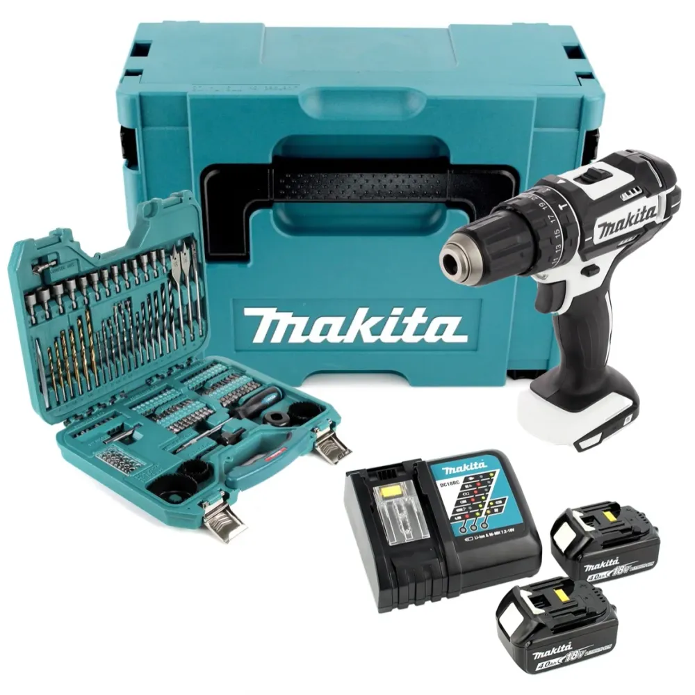 Taladro de impacto inalámbrico Makita DHP 482 RMJW 18 V 62 Nm blanco + 2x baterí 4.0 Ah + cargador + juego de brocas y bro...