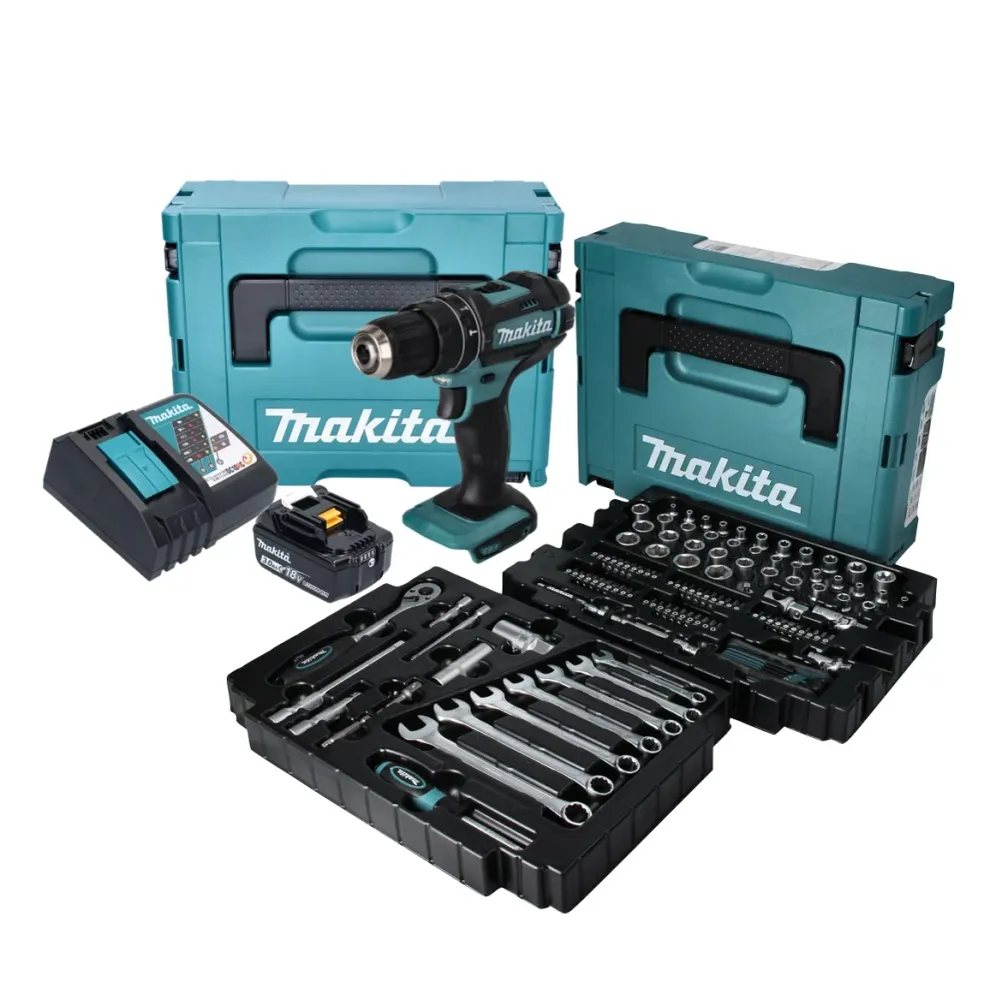 Taladro de percusión inalámbrico Makita DHP 482 RF1J 18 V + juego de accesorios 120 piezas + 1x baterí recargable 3,0 Ah +...