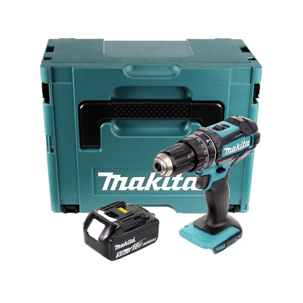 Taladro de percusión sin cable Makita DHP 482 T1J 18 V 62 Nm + 1x baterí recargable 5,0 Ah + Makpac - sin cargador