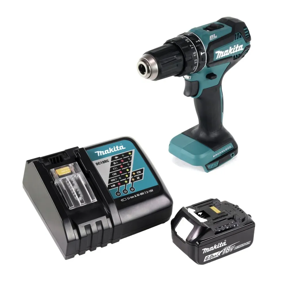 Taladro de percusión sin cable Makita DHP 485 RG1 18 V 50 Nm sin escobillas + 1x baterí recargable 6,0 Ah + cargador