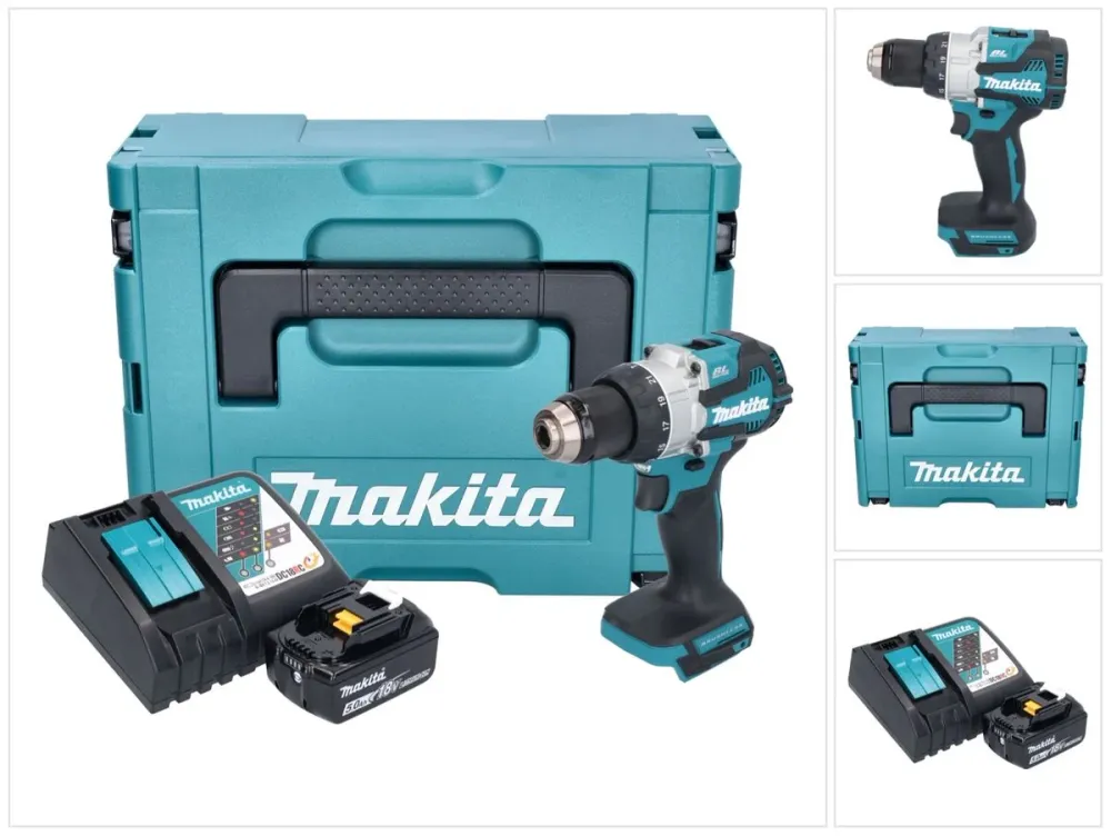 Taladro de percusión sin cable Makita DHP 489 RT1J 18 V 73 Nm sin escobillas + 1x baterí recargable 5,0 Ah + cargador + Ma...