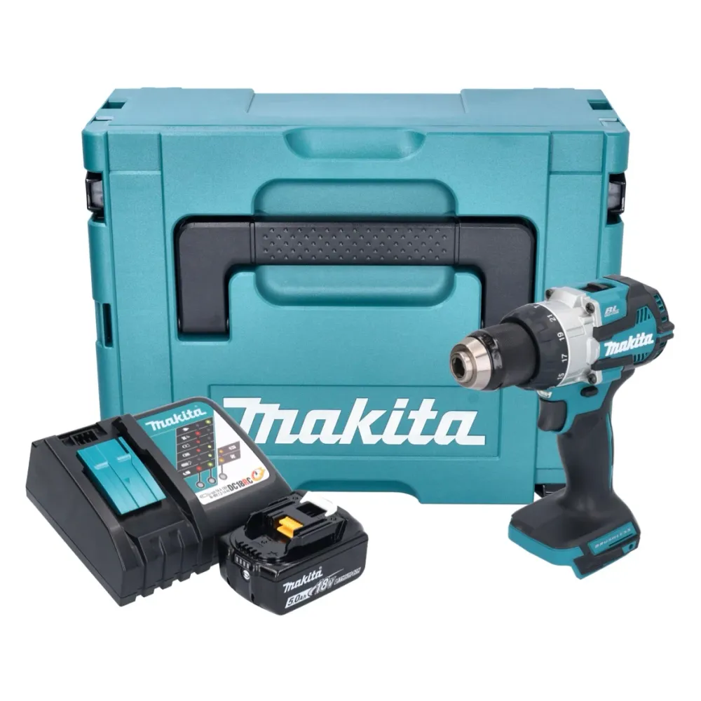 Taladro de percusión sin cable Makita DHP 489 RT1J 18 V 73 Nm sin escobillas + 1x baterí recargable 5,0 Ah + cargador + Ma...