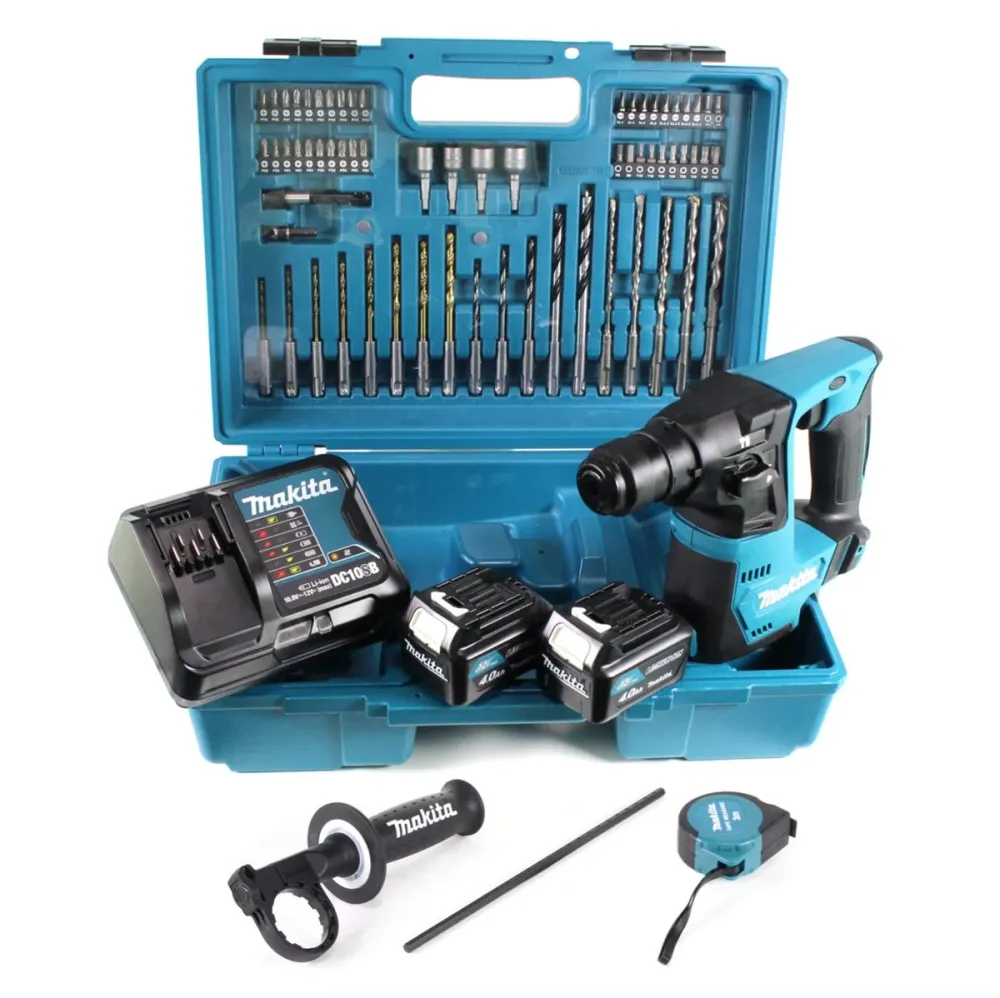 Taladro percutor baterí Makita HR 140 DSME1 10,8 V SDS-Plus en maletín + juego de accesorios de 64 piezas + 2 baterías de...