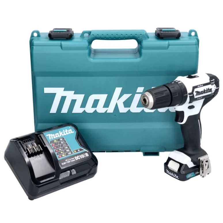 Taladro percutor baterí Makita HP 333 DSAW 12 V 30 Nm blanco + 1 baterí de 2,0 Ah + cargador + maletín