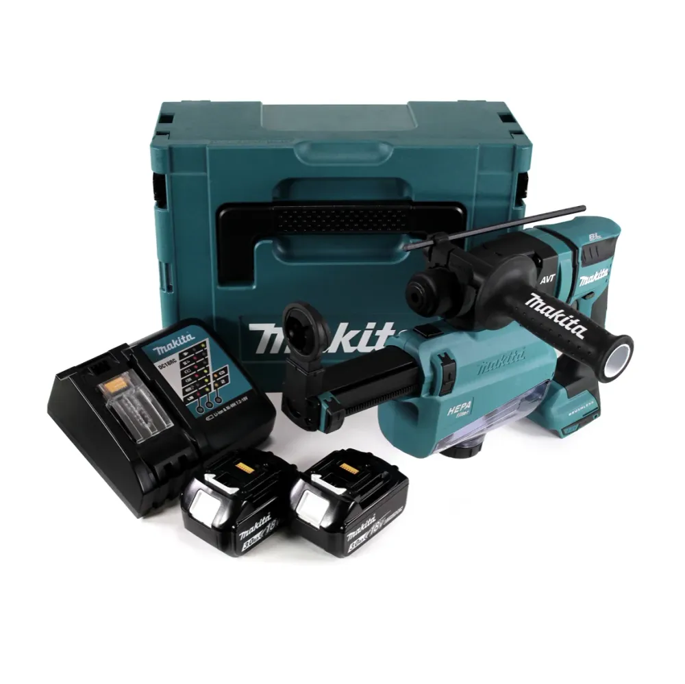 Taladro percutor baterí Makita DHR 182 RWFJ 18V 1.7J SDS-plus sin escobillas + 2x baterí 3.0Ah + cargador + aspiración + M...