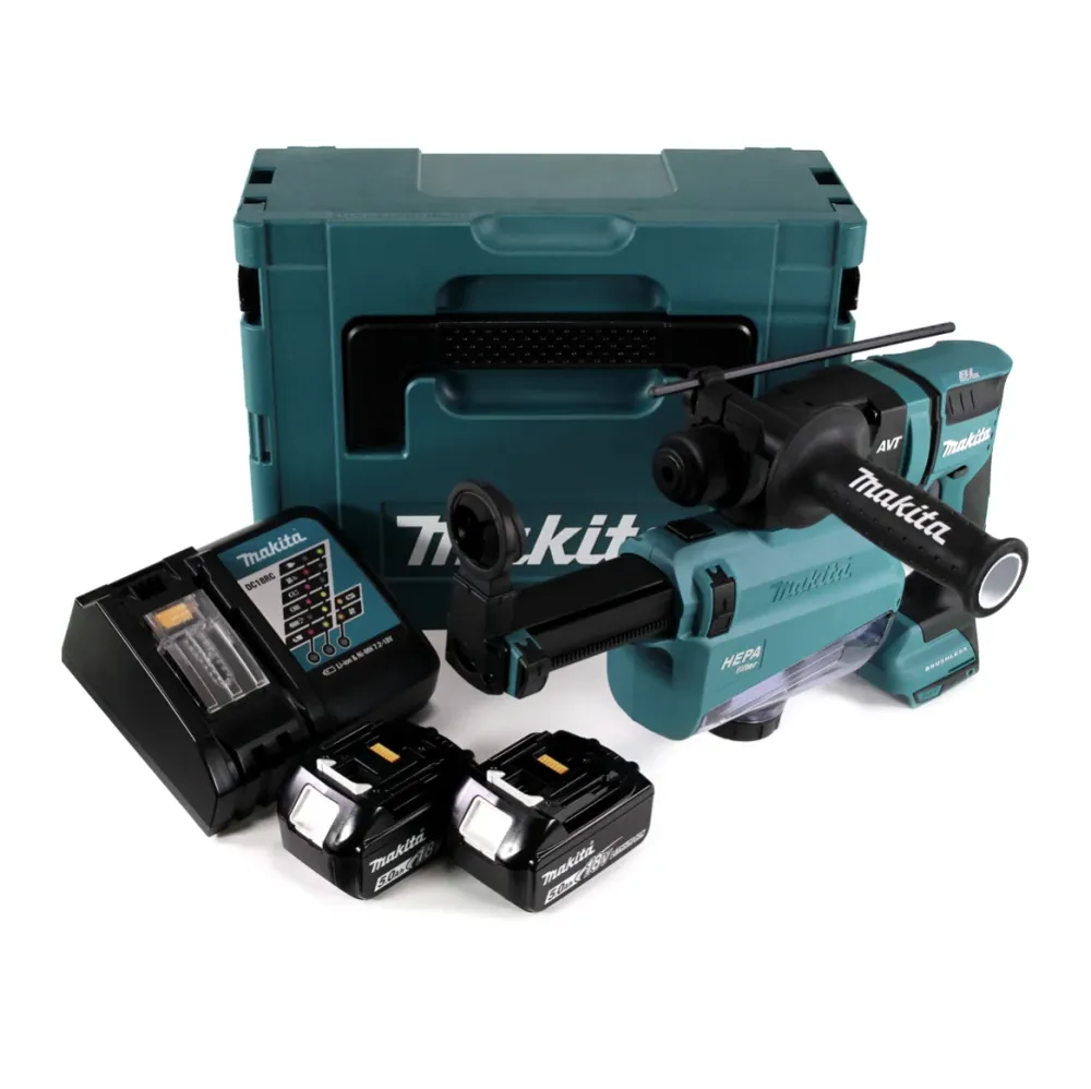 Taladro percutor baterí Makita DHR 182 RWTJ 18V 1.7J SDS-plus sin escobillas + 2x baterí 5.0Ah + cargador + aspiración + M...