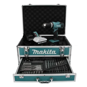 Taladro percutor inalámbrico Makita HP 457 DWX4 18 V 42 Nm Serie G + 1x baterí 1,5 Ah + cargador + juego de brocas de 70 p...