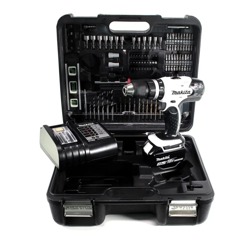 Taladro percutor inalámbrico Makita DHP 453 SFTKW 18 V 42 Nm + 1x baterí 3,0 Ah + cargador + set de accesorios 101 piezas...