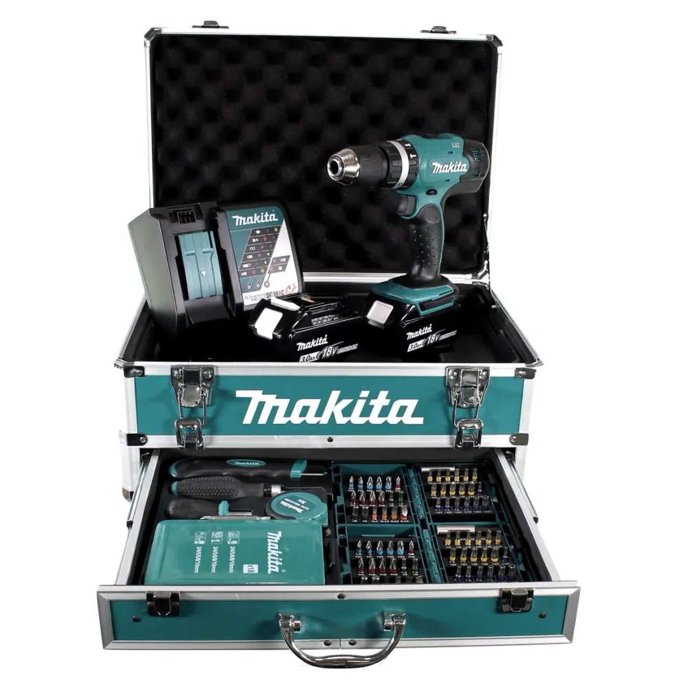 Taladro percutor inalámbrico Makita DHP 453 RFX2 18 V 42Nm + 2x baterías 3.0Ah + cargador + 96 piezas. Juego de brocas + e...