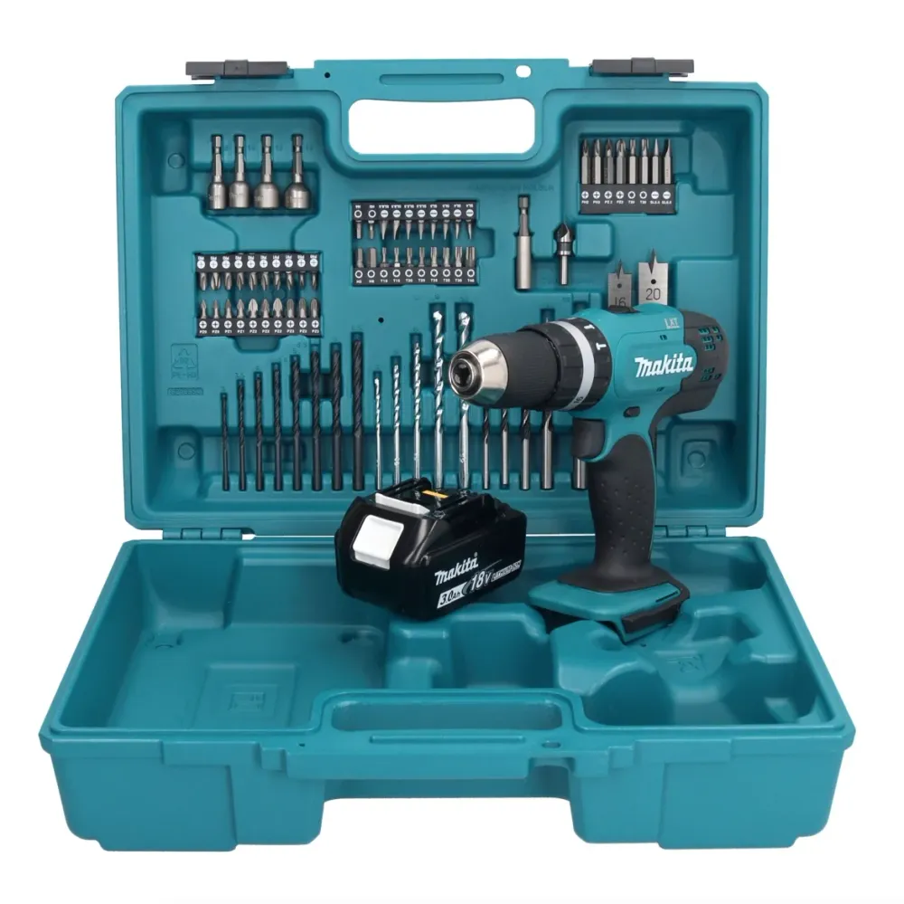 Taladro percutor inalámbrico Makita DHP 453 F1X1 18 V 42 Nm + 1x baterí 3,0 Ah + set de accesorios 74 piezas + maletín - s...