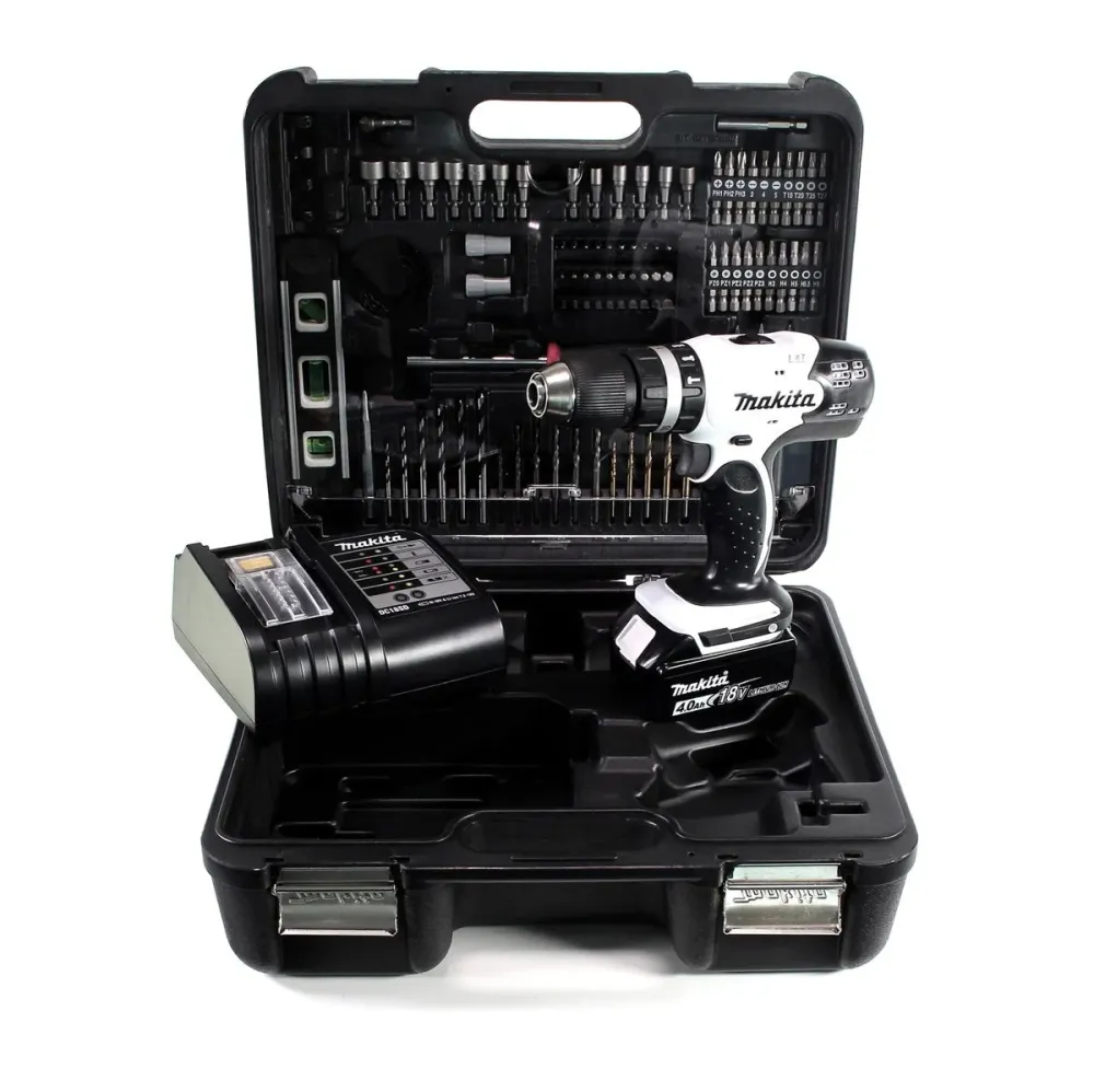 Taladro percutor inalámbrico Makita DHP 453 SMTKW 18 V 42 Nm + 1x baterí 4,0 Ah + cargador + set de accesorios 101 piezas...