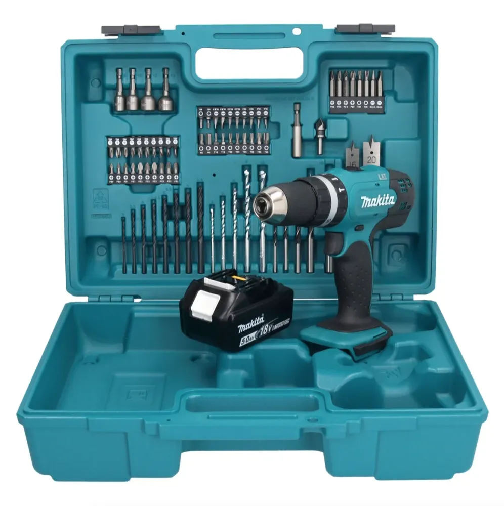 Taladro percutor inalámbrico Makita DHP 453 T1X1 18 V 42 Nm + 1x baterí 5,0 Ah + set de accesorios 74 piezas + maletín - s...
