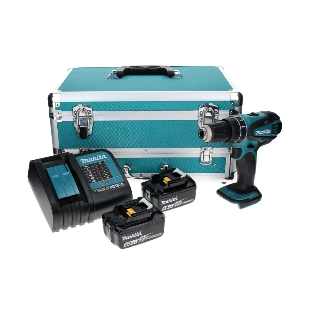 Taladro percutor inalámbrico Makita DHP 456 SMTX 18 V 50 Nm + 2x baterías 4,0 Ah + cargador + juego de brocas 70 piezas +...
