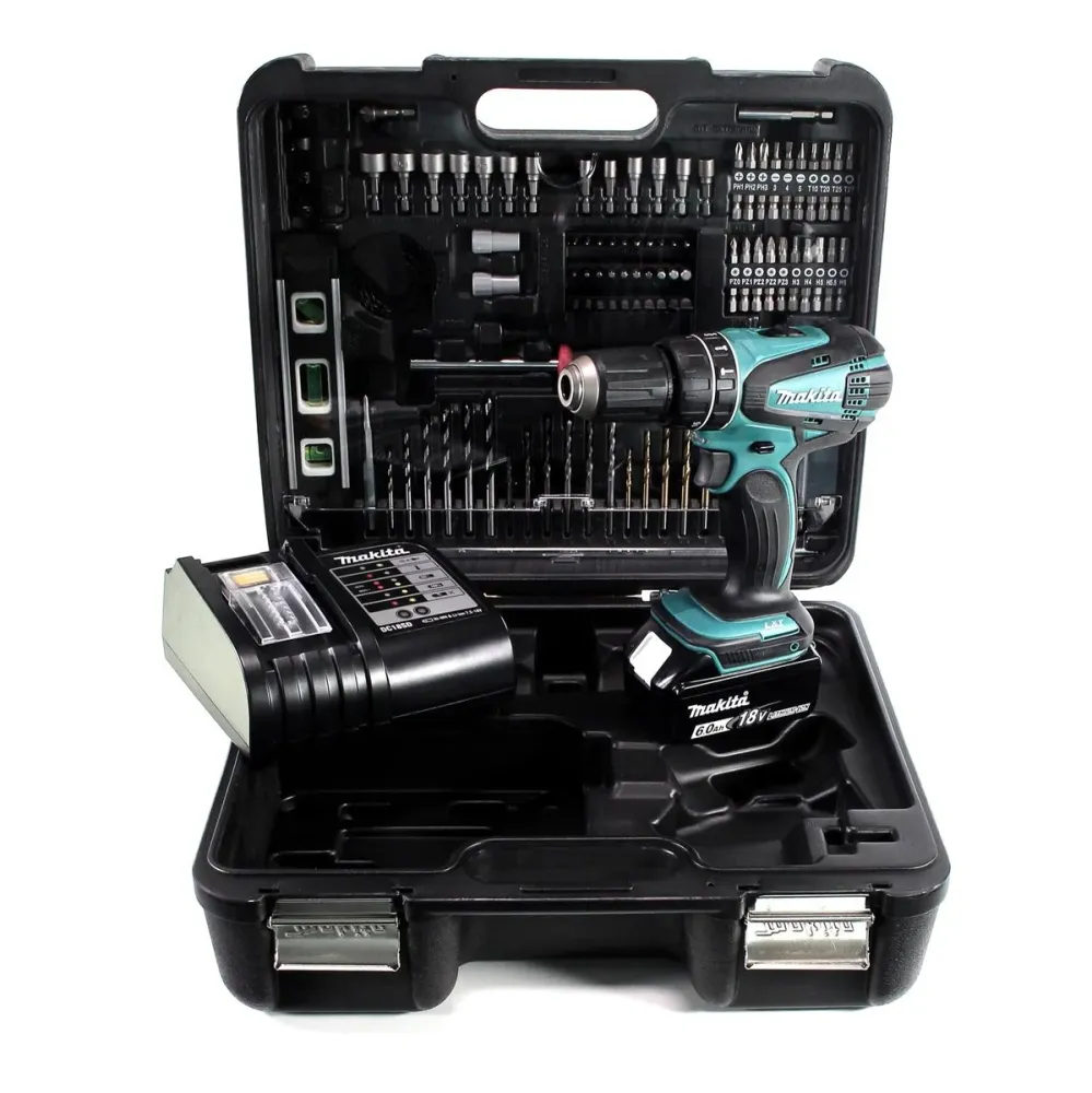 Taladro percutor inalámbrico Makita DHP 456 SGTK 18 V 50 Nm + 1x baterí 6,0 Ah + cargador + set de accesorios 101 piezas +...