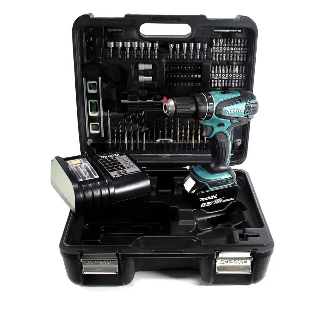 Taladro percutor inalámbrico Makita DHP 456 SFTK 18 V 50 Nm + 1x baterí 3,0 Ah + cargador + set de accesorios 101 piezas +...