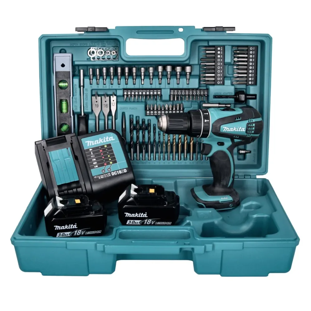 Taladro percutor inalámbrico Makita DHP 456 SF2X5 18 V 50 Nm + 2x baterías 3,0 Ah + cargador + set de accesorios 101 pieza...