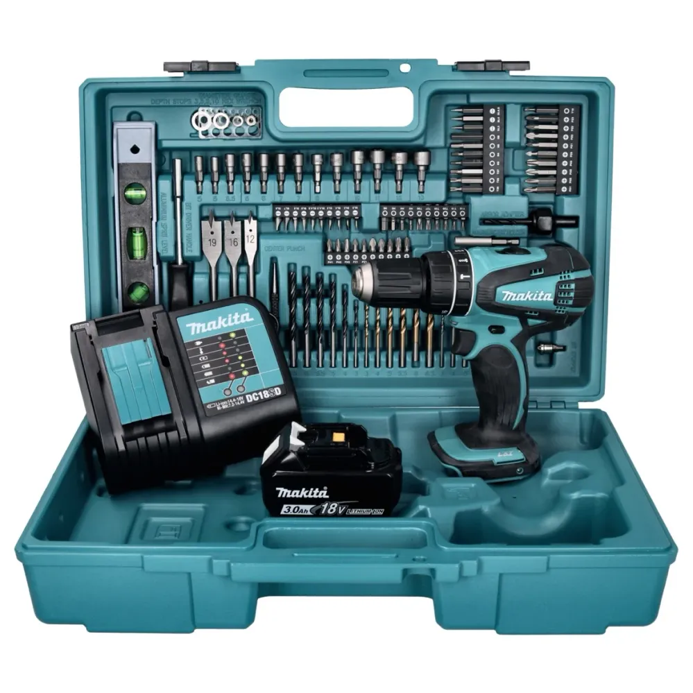 Taladro percutor inalámbrico Makita DHP 456 SFX5 18 V 50 Nm + 1x baterí 3,0 Ah + cargador + set de accesorios 101 piezas +...