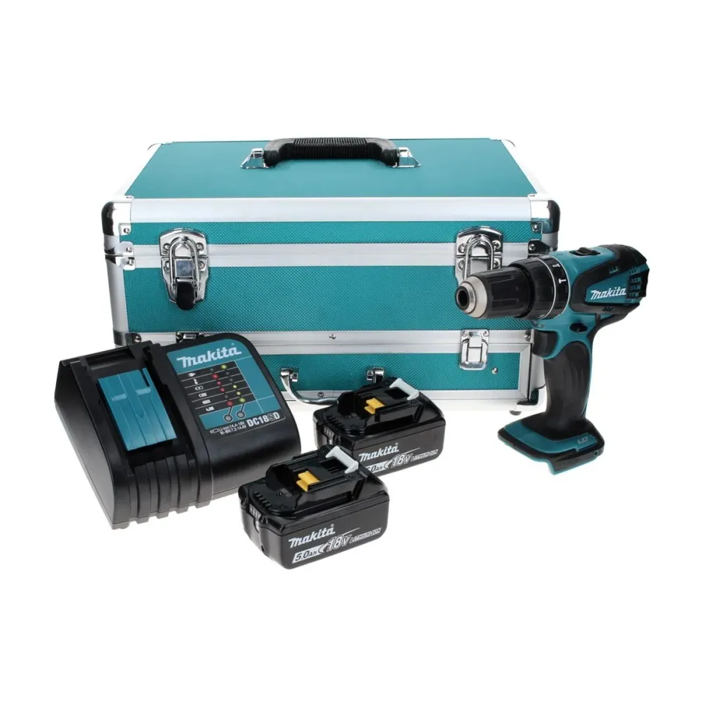 Taladro percutor inalámbrico Makita DHP 456 STTX 18 V 50 Nm + 2x baterías 5,0 Ah + cargador + juego de brocas de 70 piezas...